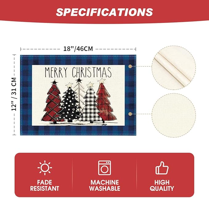 Artoid Mode Blue Waterclor Buffalo Plaid Christmas Trees Placemats Set of 6, 12x18 Inch Winter Table Mats for Outdoor Home Party Kitchen Dining Decor