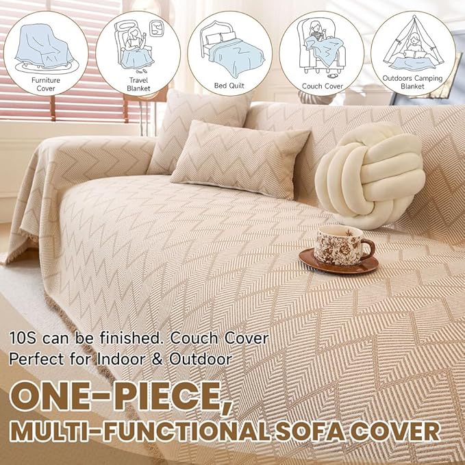 ROOMLIFE Boho Khaki Couch Covers for 3 Cushion Sofa, Couch Cover Sectional Sofa Cover for Dog, Washable Furniture Sofa Protector Cover Soft Blanket with Tassel for Living Room, 71''X118''