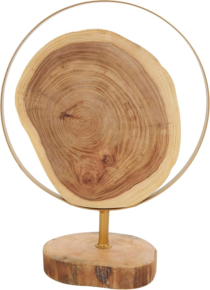 Deco 79 Wood Abstract Handmade Decorative Sculpture Live Edge Slab Home Decor Statues with Gold Metal Rings, Set of 2 Accent Figurines 14", 11"H, Brown