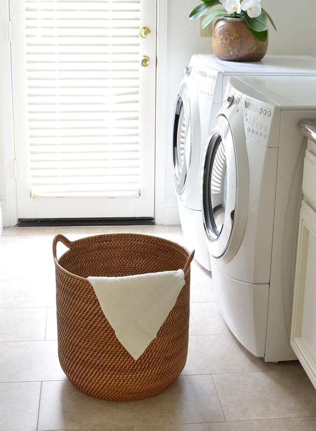 KOUBOO Laguna Round Rattan Storage Basket with Ear Handles, Wicker Blanket, Laundry Hamper, Indoor Plant Basket, Decorative Home Organizer, Honey Brown, Large