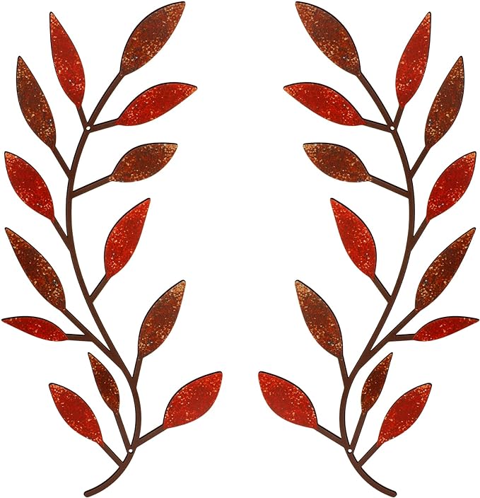 Zhengmy 2 Pieces Metal Tree Leaf Wall Decor Vine Olive Branch Leaf Wall Art Living Room, Hallway Wall Decor Outdoor Decoration(Autumn Color)