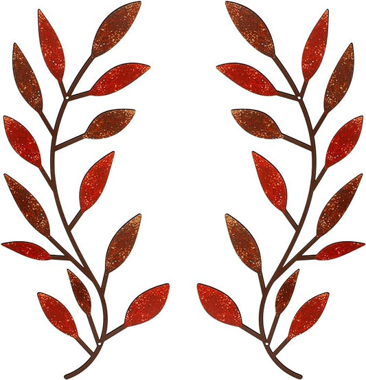 Zhengmy 2 Pieces Metal Tree Leaf Wall Decor Vine Olive Branch Leaf Wall Art Living Room, Hallway Wall Decor Outdoor Decoration(Autumn Color)