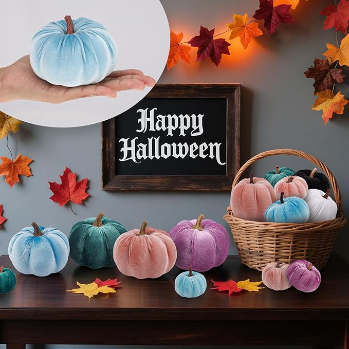 Artificial Velvet Pumpkins Fake 12Pcs Assorted Halloween Thanksgiving Handmade Autumn Centerpiece Decorating for Kitchen Table Wedding Blue