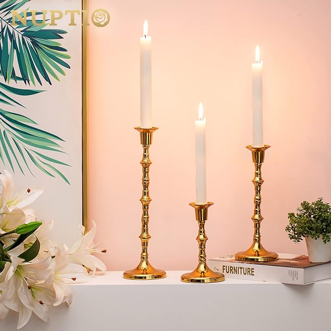 Nuptio Brass Candlestick Holders for Centerpiece: Set of 3 Gold Taper Candle Stick Holders for Home Dining Table Fireplace Decor
