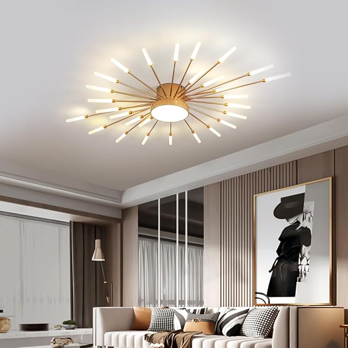 JAYMP Ceiling Light Modern Flower Shape Ceiling Lamp for Living Room Dining Room Flush Mount Metal Acrylic Sputnik Firework Petal LED Lighting Fixture (Matte Gold, 28+1 Lights)