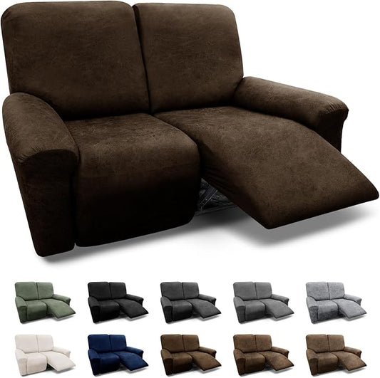 Loveseat Cover 6-Pieces for 2 Seater Reclining Sofa - Leather Look Slipcover With Pockets, Spandex Furniture Protector (Coffee)