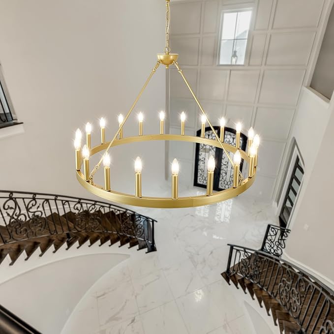 Gold Wagon Wheel Chandelier 40”, 20-Light Farmhouse Wagon Wheel Chandelier for Dining Room, Modern Round Iron Candle Chandeliers Light Fixture for Living Room, Foyer, Entryway, E12