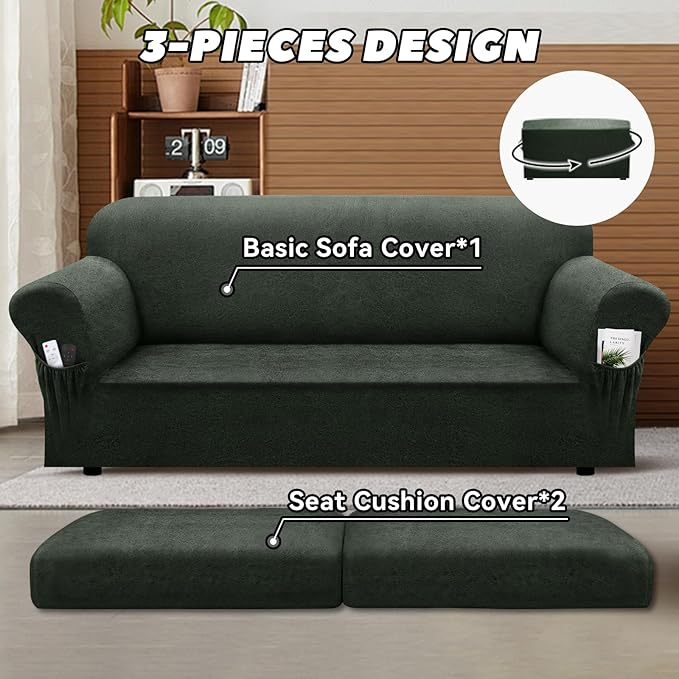 Sofa Slipcover with Armrest Pockets 3-Piece Set, Stretch Faux Leather Couch Cover for 2-Cushion Couches(Fits 72-92") - Non-Slip, Machine Washable, Pet & Kid Friendly - Military Green