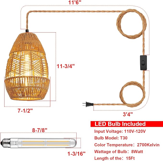 Plug in Pendant Light Rattan Hanging Lights with Plug in Cord 15FT Hemp Rope Cord, On/Off Switch Chandelier for Boho Living Room Bedroom Kitchen（Bulb Included） 11 x 7 inch