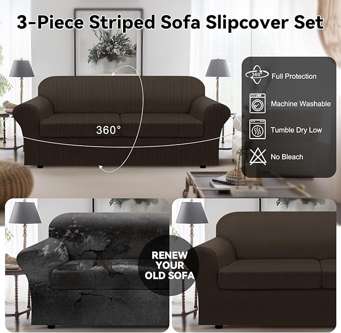 100% WaterproofCouch Cover 3-Piece Set Striped Sofa Slipcovers for 2 Cushion Couch Sofa Covers with TPU Leakproof Bottom Stretch Couch Protector Pet Proof - Sofa(2-Cushion), Brown