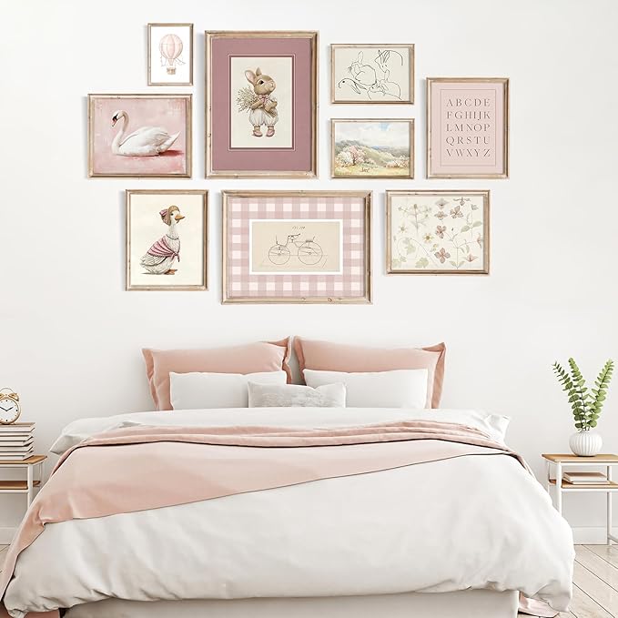 Kizbok Pink Nursery Wall Art Decor for Baby Girl Room Decor, Vintage Kids Room Wall Decor Swan Bunny Duck Hot Air Balloons Flower Canvas Art Prints Poster, Cute Nursery Wall Poster for Little Girl's Bedroom, Toddler Kids Playroom - Unframed