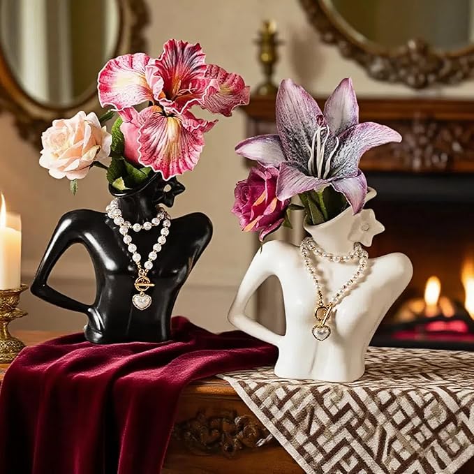 Ceramic Vase with Detachable Necklace — Elegant Female Curves Home Decor, Artistic Tabletop Vase for Bookshelf, Dining Table, Living Room, Kitchen, or Office, Perfect with Artificial or Dried Flowers