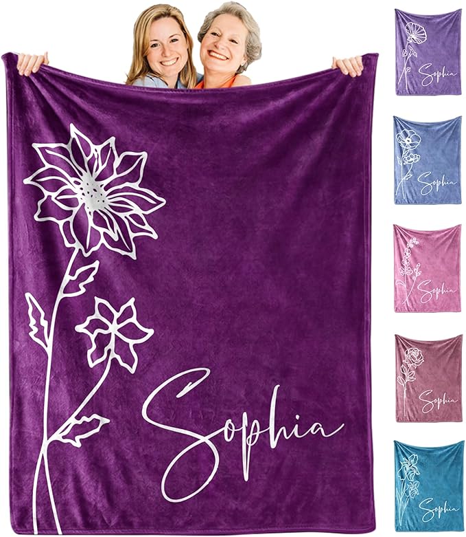 Ships Next Day, Personalized Christmas Birthday Blanket Gifts for Women, Custom Blanket with Name and Birth Month Flowers, Personalized Blankets for Adults, Throw Blanket for Mom Grandma