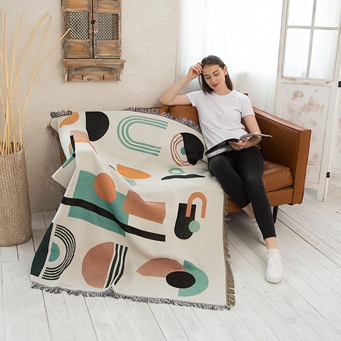 Double-Sided Cotton Woven Throw Blanket with Tassel Jungle Bohemian Style Tapestry Shawl Multi-Function Decorative Throws for Sofa Bed Armchair Camping Blanket Tablecloth Carpet 160x130cm