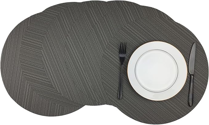 WAZAIGUR Round Placemats Set of 6 Woven Vinyl Easy to Clean Heat Resistant Kitchen Table Mats 15 Inch(Grey 6) Gray