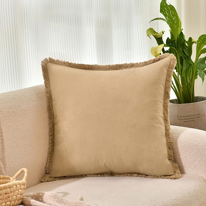 ZWJD Pillow Covers 24x24 Set of 2 Khaki Throw Pillow Covers with Fringe Chic Cotton Decorative Pillows Square Cushion Covers for Sofa Couch Bed Living Room Farmhouse Boho Decor