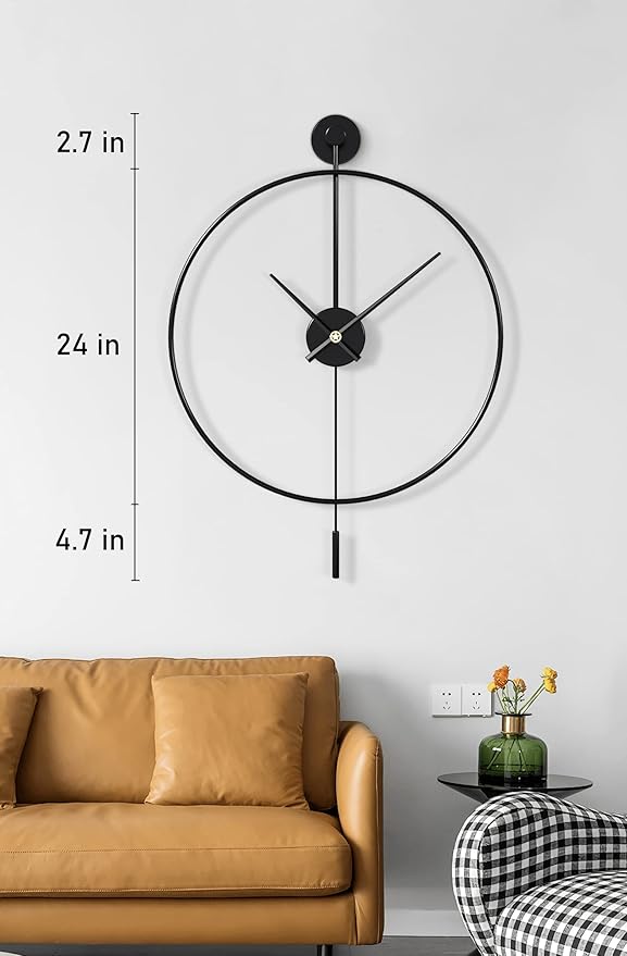 SHISEDECO Classical Large Modern Round Minimalist Wall Clock with Swing Pendulum, Non-Ticking Silent Metal Decorative Creative Art Clocks for Home, Living Room, Bedroom, Study, Office (24", Black)
