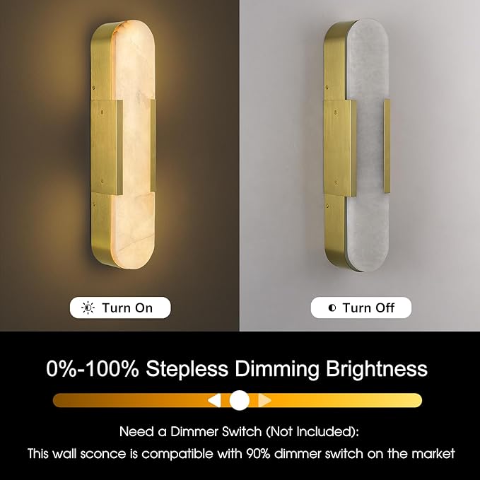 Alabaster Wall Sconce, 20" Natural Marble Wall Sconce, Brass Alabaster Sconces Set of Two, Indoor Modern Bathroom Sconces Wall Lighting for Living Room, Bedroom, Hallway, Stairs