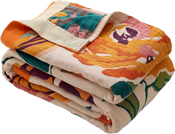 Boho Throw Blanket for Bed 100% Cotton Ultra Soft Rustic Quilt Floral Printed Farmhouse Decor Fall Bed Blankets,60"×80" All Season Rustic Large Throw for Sofa Couch Chair