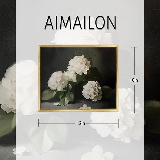 AIMAILON Vintage Gold Canvas Wall Art Framed Decor Classical Botanical Aesthetic Picture Blooming White Hydrangea Flowers Artwork Retro Light Boho Print Desktop Decoration 10x12