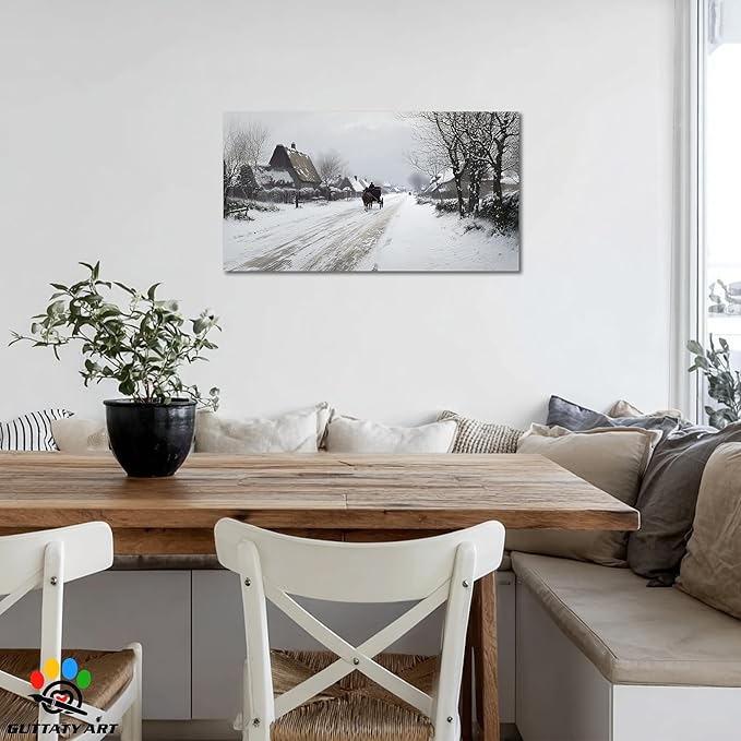 GUTTATY Christmas Winter Scene Canvas Wall Art, Countryside Snow Pictures, Rustic Wall Decor with Horse Carriage, Serene Canvas Painting for Living Room, Bedroom, Holiday Home Decor, 40x20 Inch
