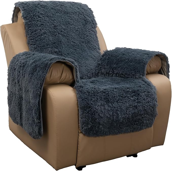 Plush and Fuzzy Shaggy Couch Cover, Dog Pad Faux Fur Sofa Cover, Water Resistant Slipcover, Non-Slip Furniture Protector for Kids,Dogs,Cats.(Noble Gray, Small Recliner)
