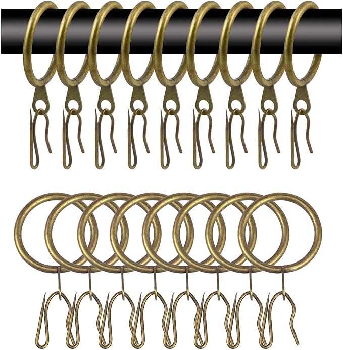 60 Pcs Metal Curtain Rings & Hooks Set, 30 mm Internal Diameter, Bronze, Curtain Rod Rings with Eyelet
