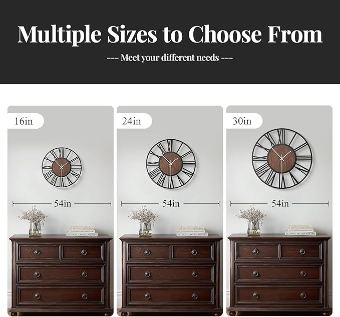 Modern Wall Clocks for Living Room, 16 inch Wood Walnut Dial Decorative Wall Clock Battery Operated, Non Ticking Silent Big Round Black Metal Clock, Bedroom, Kitchen, Office Decor-Roman Numerals