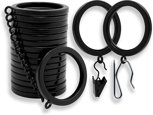 BlastHome® Luxury Curtain Rings – Premium Metal with Quiet, Smooth Nylon Inserts – Pinhooks and Clips Included – 1 1/2" Inside Diameter – 18 Rings for Two Standard Curtains – Tuxedo Black