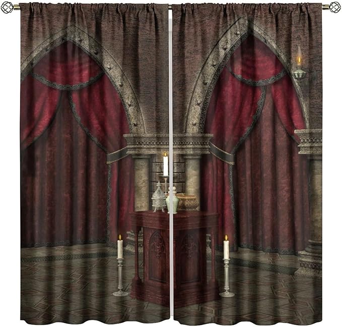 Gothic Architecture Blackout Curtains, Mysterious Mid Century Dark Castle Pattern Window Drapes, for Living Room Bedroom 31.5(W)*63(L) 2 Panels