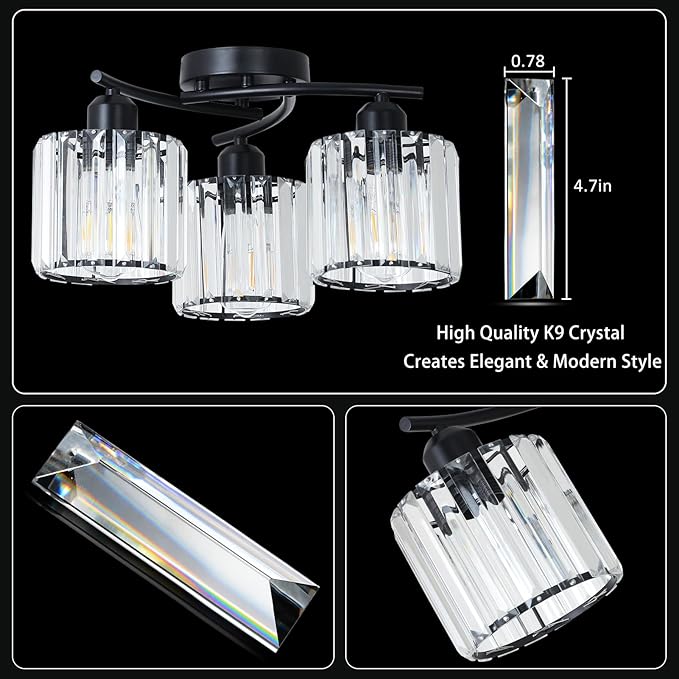 Crystal Semi Flush Mount Ceiling Light,3-Light Black Close to Ceiling Light Fixtures,Kitchen Light Fixture with Clear Crystal Shades,Hallway Light Fixtures for Kitchen Entryway Bedroom Bathroom