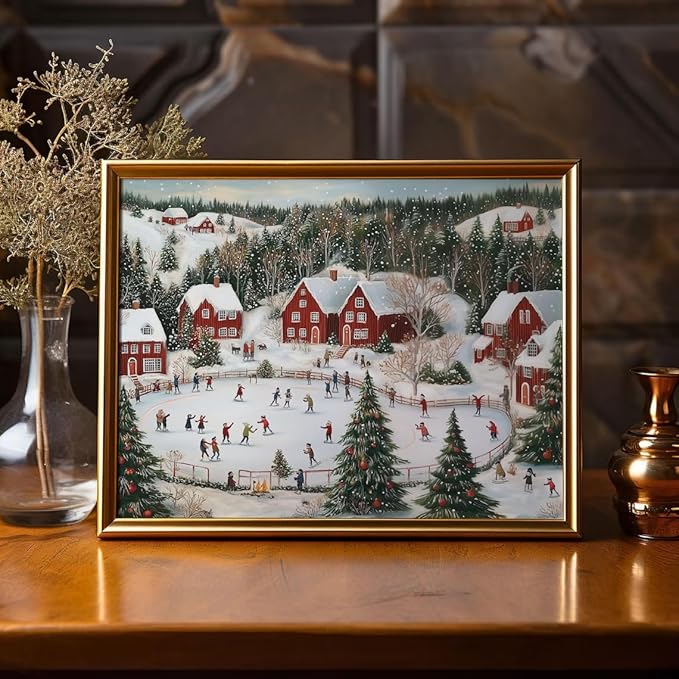 OZCONO Snowy Christmas Village Wall Art for Holiday Decor, Nordic Winter Town Scene with Ice Skating, Vintage Seasonal Artwork, Xmas Festive Cabin Landscape Accent (Unframed) (27x40)