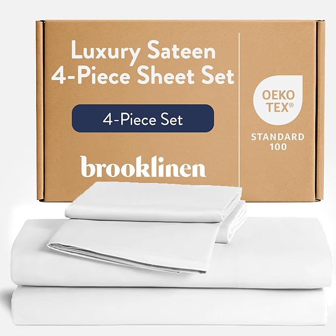 Brooklinen Luxury Sateen 4 Piece Sheet Set - 100% Cotton Bed Sheets, Soft & Durable for Twin Sheets Set in White, Oeko-TEX Certified Bedding Set, 1 Fitted Sheet, 1 Flat Sheet, 2 Pillowcases