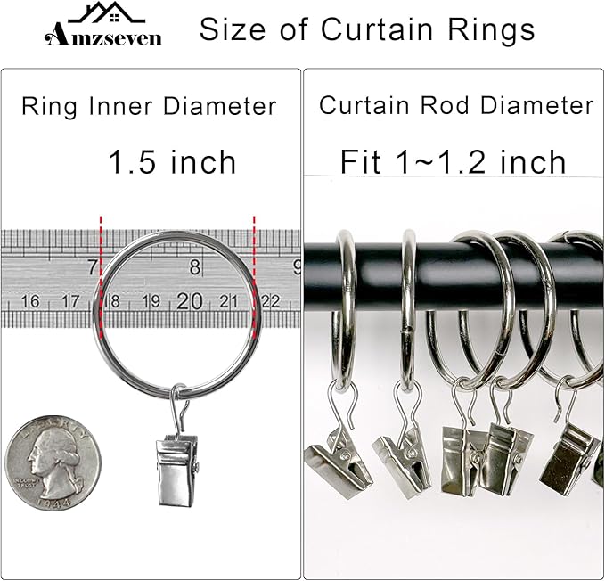 40 Pack Metal Curtain Rings with Clips, Drapery Clips Hooks, Decorative Curtain Rod Clips 1.5 in Interior Diameter, Silver