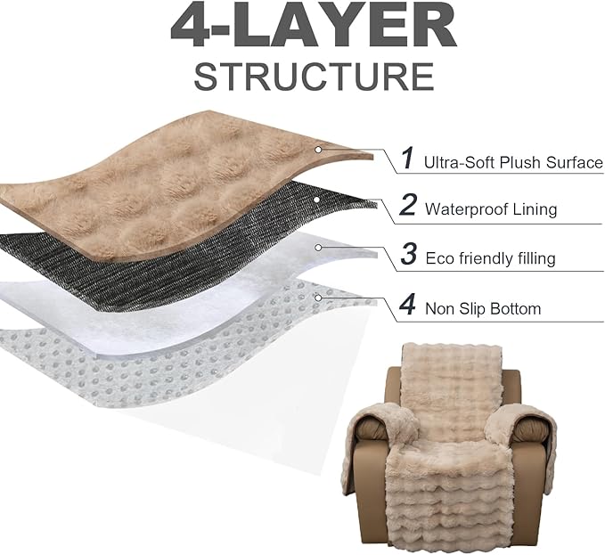 Plush and Fuzzy Shaggy Couch Cover, Dog Pad Faux Fur Sofa Cover, Water Resistant Slipcover, Non-Slip Furniture Protector for Kids,Dogs,Cats.(Light Brown-Bubble, Medium Recliner)