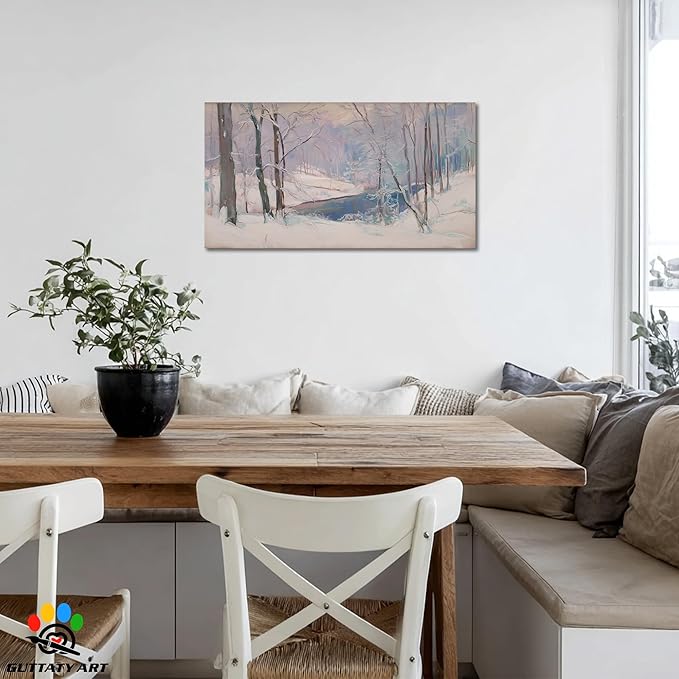 GUTTATY Christmas Winter Scene Canvas Wall Art, Soft Pastel Snowy Forest Landscape Canvas Prints, Tranquil Blue and Lavender Wall Decor for Living Room, Holiday Pictures Poster, 40x20 Inch