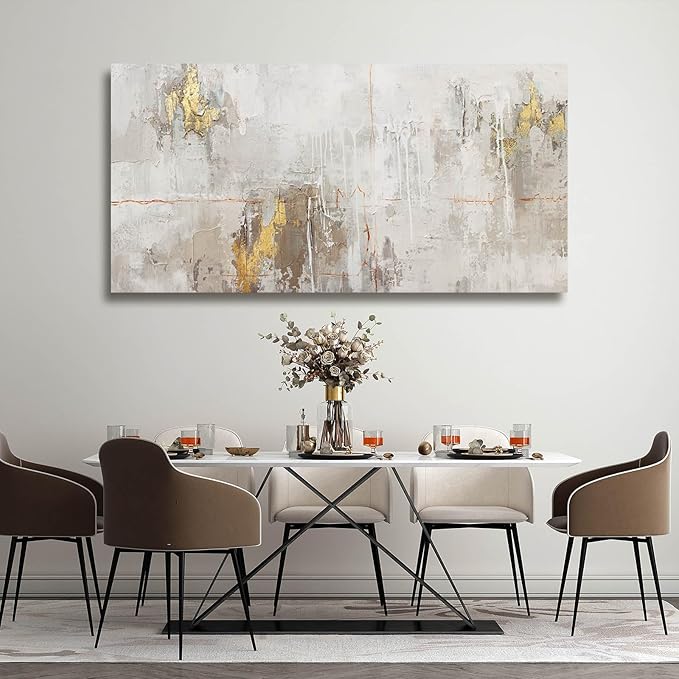 VAYIMDH White Abstract Artwork Home Decor Textured Wall Art for Office Master Bedroom Wall Decor Gold Painting for Walls 24x48 Inch Living Room Picture