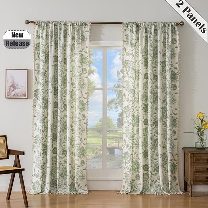 F-CHU Boho Curtains for Living Room 96 Inch Length French Country Floral Drapes Farmhouse Rustic Vintage Window Curtain Panels for Bedroom Chic Cotton Linen Closet Curtains，2 Panel Sage Green Curtains