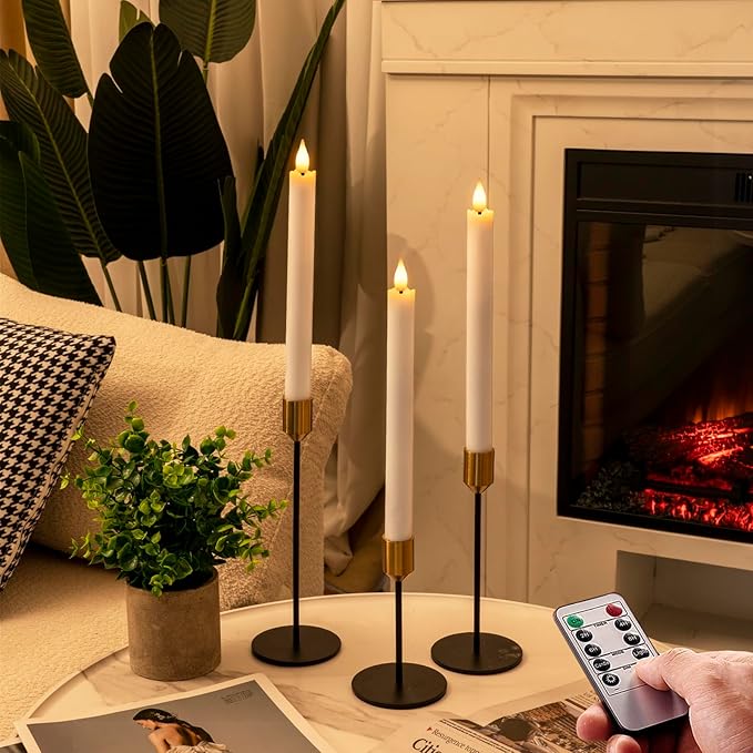 Homemory 6 Pcs Wax Flameless Taper Candles with Remote Timer and Dimmer, White Candle Sticks Battery Operated, LED Window Candles with Flickering Light, 9.6 Inches for Wedding Home Indoor Decoration