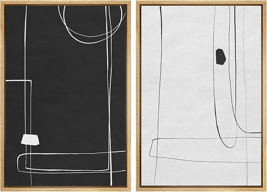SIGNWIN Framed Canvas Print Wall Art Set Grunge Mid-Century Geometric Lines Abstract Shapes Illustrations Modern Art Minimal Boho Relax/Calm for Living Room, Bedroom, Office - 16"x24"x2 Natural