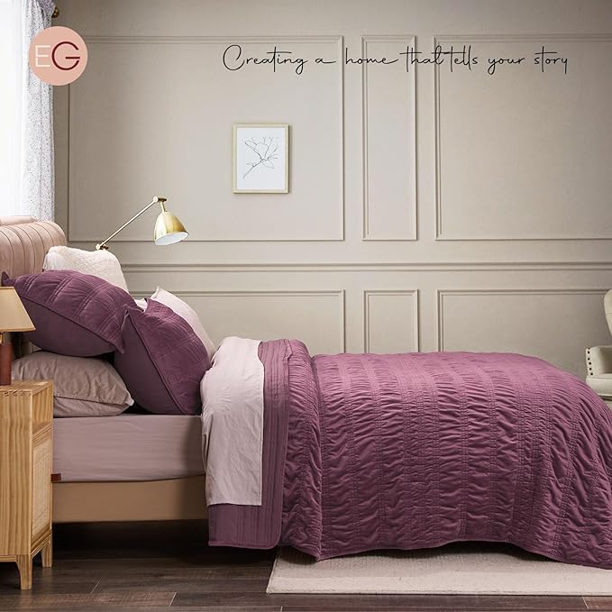 EVERGRACE Velvet Quilt Queen Size, Luxury Velvet Bedding Set, Ultra Soft Ruched Quilt Sets, Lightweight Comforter Vintage Textured Bedspread Coverlet with 2 Shams for All Season, Mauve Purple