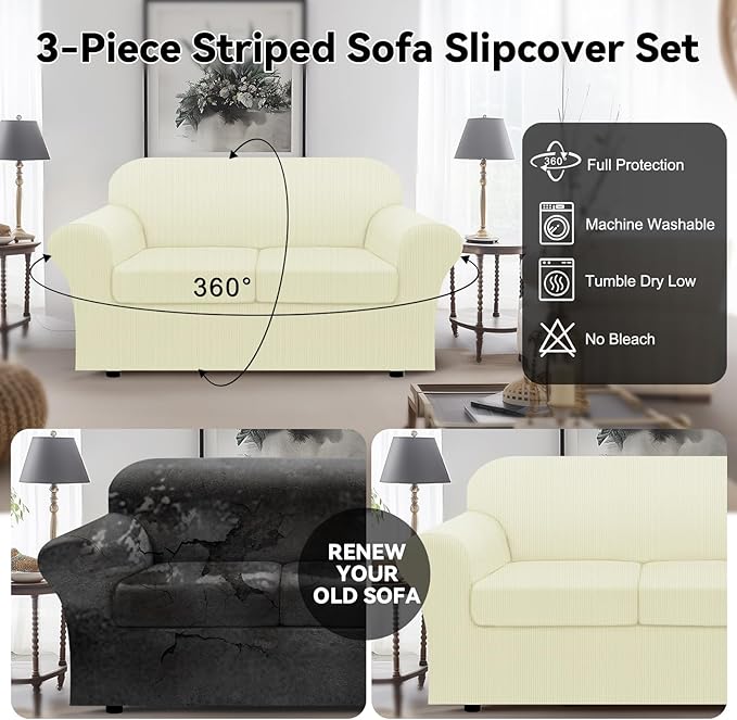 100% WaterproofLoveseat Cover 3-Piece Set Striped Loveseat Slipcovers for 2 Cushion Couch Sofa Covers with TPU Leakproof Bottom Stretch Couch Protector Pet Proof - Loveseat, Beige
