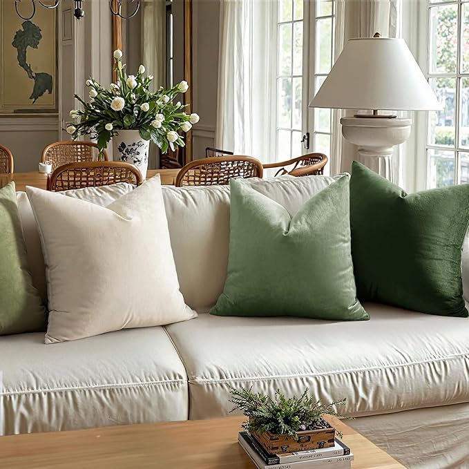 MIULEE Pack of 2 Velvet Soft Solid Decorative Square Throw Pillow Covers Set Cushion Case for Spring Sofa Bedroom Couch 18x18 Inch Moss Green