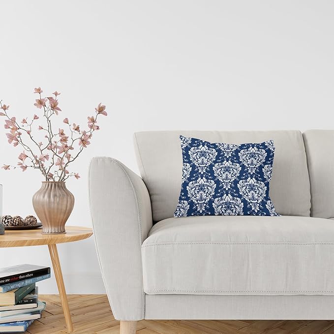 LOVOUS Navy Blue and White Damask Throw Pillow Covers 18x18 Inch Set of 2, Vintage Linen Decorative Pillow Covers for Bed Couch Sofa Bedroom Living Room Home Decor, B17