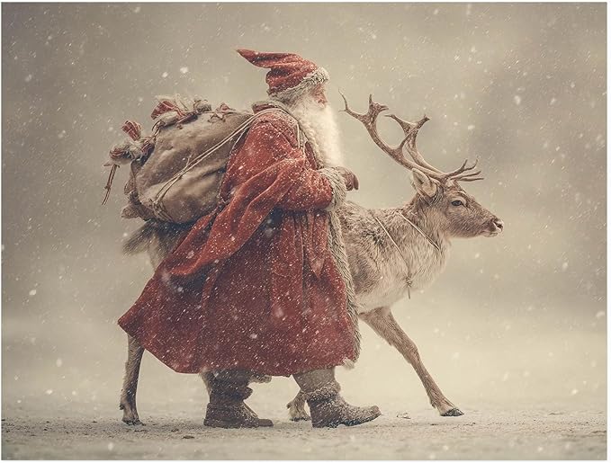 Vintage Santa and Reindeer Walking Wall Art Print,Christmas Scenery Print,Nordic Snow Winter Wonderland Print,Cozy Rustic Holiday Home Decor
