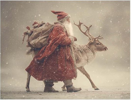 Vintage Santa and Reindeer Walking Wall Art Print,Christmas Scenery Print,Nordic Snow Winter Wonderland Print,Cozy Rustic Holiday Home Decor