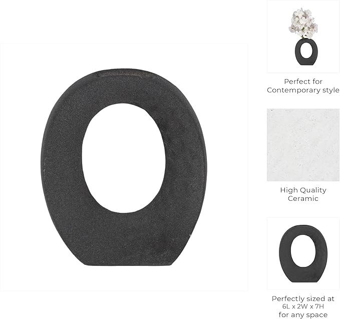 Modern Stoneware Vase with Rough Finish and Open Cut-Out – Contemporary Decorative Ceramic Flower Holder – Unique Home Decor Accent for Living Room, Bedroom, Office, or Dining Table – 7", Black