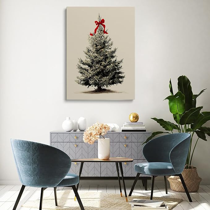 Vintage Christmas Tree Wall Art,Rustic Christmas Holiday Cottagecore Decor,Festive Vintage Tree Print
