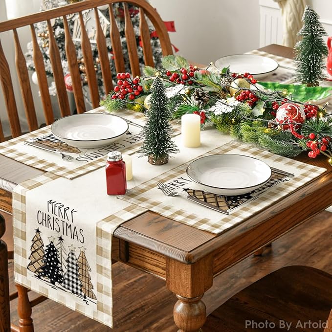 Artoid Mode Watercolor Brown Buffalo Plaid Christmas Trees Placemats Set of 6, 12x18 Inch Winter Table Mats for Party Kitchen Dining Decoration