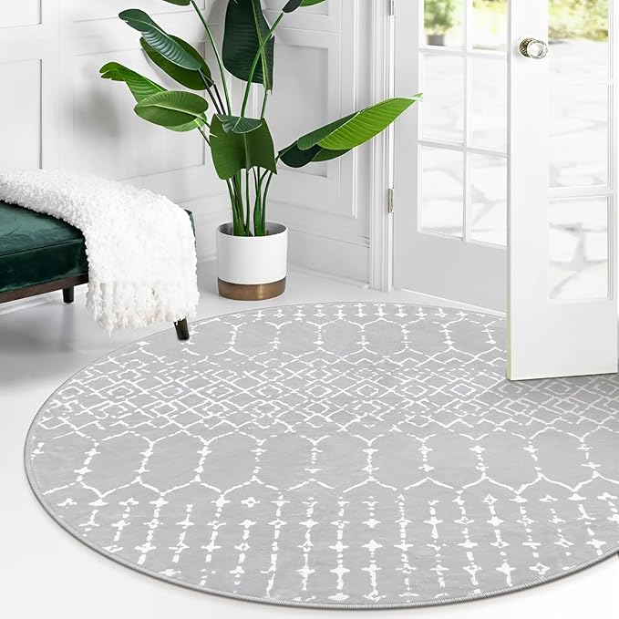 Lahome Moroccan Round Washable Rug - 3Ft Small Circle Soft Non-Slip Grey Bathroom Rug, Stain Resistant Low Pile Entryway, Modern Geometric Print Indoor for Kitchen Sofa Doorway